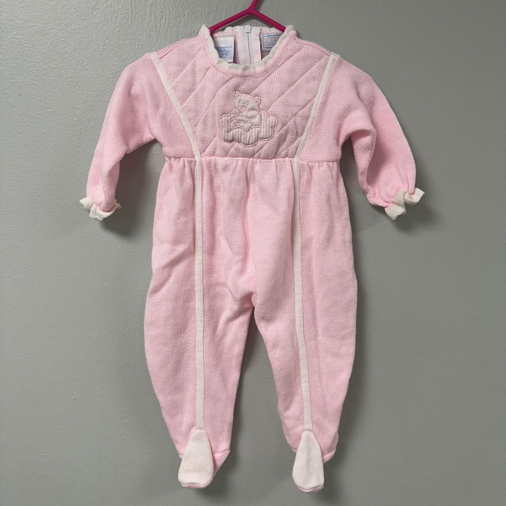 Vintage All Mine Baby Girl Pink Knit Teddy Bear Footed Sleeper Size 3/6M